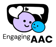 Logo for 'Engaging AAC' featuring two smiling circular faces - a larger purple one and a smaller blue one - with heart symbols above them against a black speech bubble background